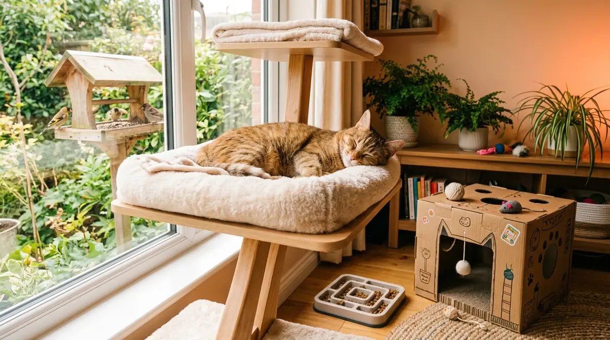 Happy relaxed cat on cat tree in fully enriched indoor environment with puzzle feeder and cardboard fort
