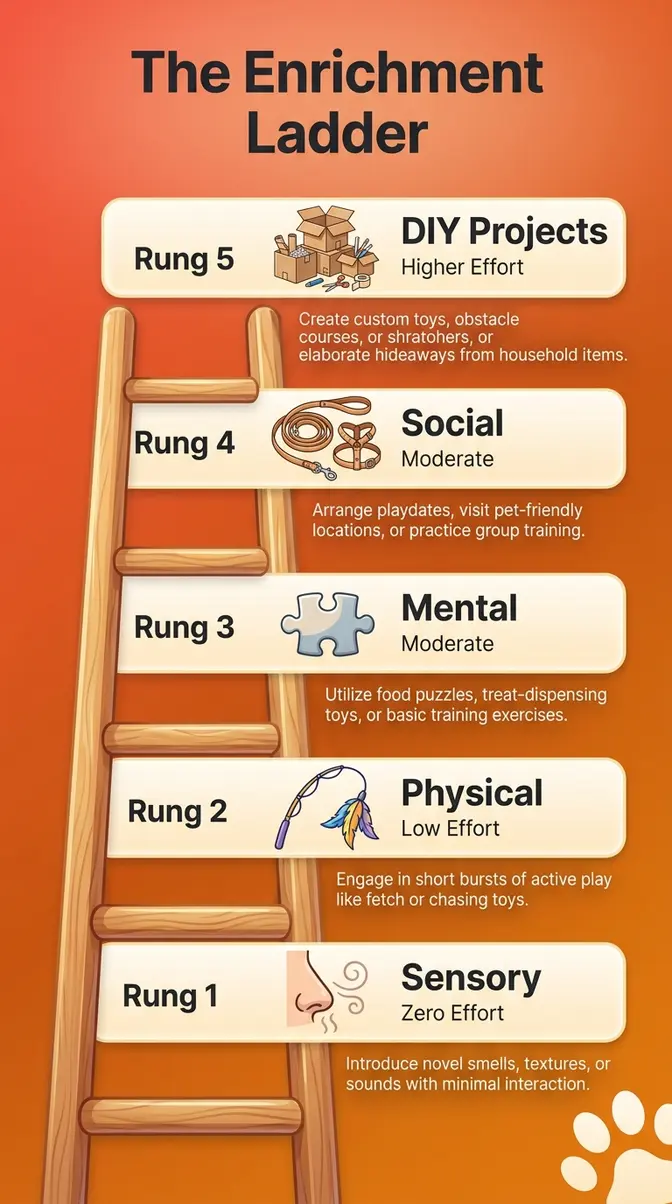 Indoor cat enrichment ideas shown as a five-rung ladder from sensory to DIY projects