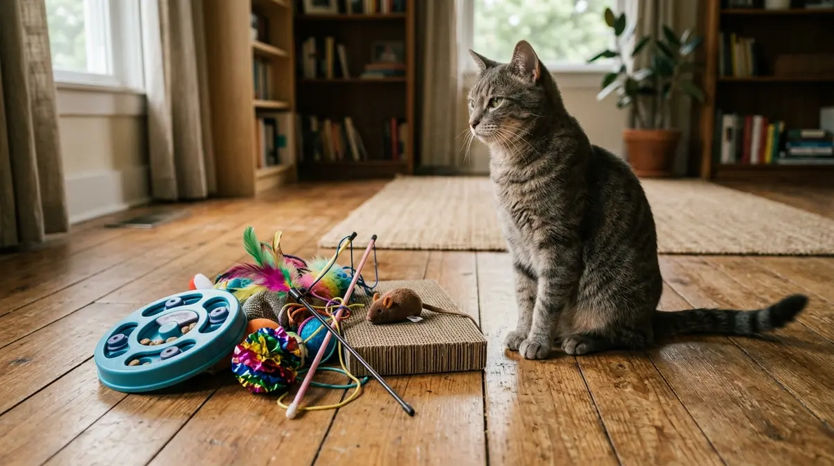 Cat ignoring pile of new toys showing common indoor enrichment mistake of too many changes at once