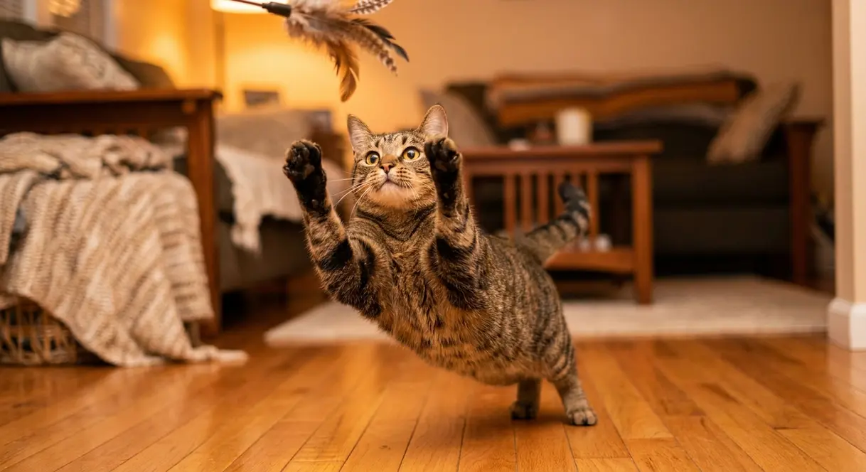 Tabby cat mid-pounce playing with feather wand toy as indoor enrichment activity