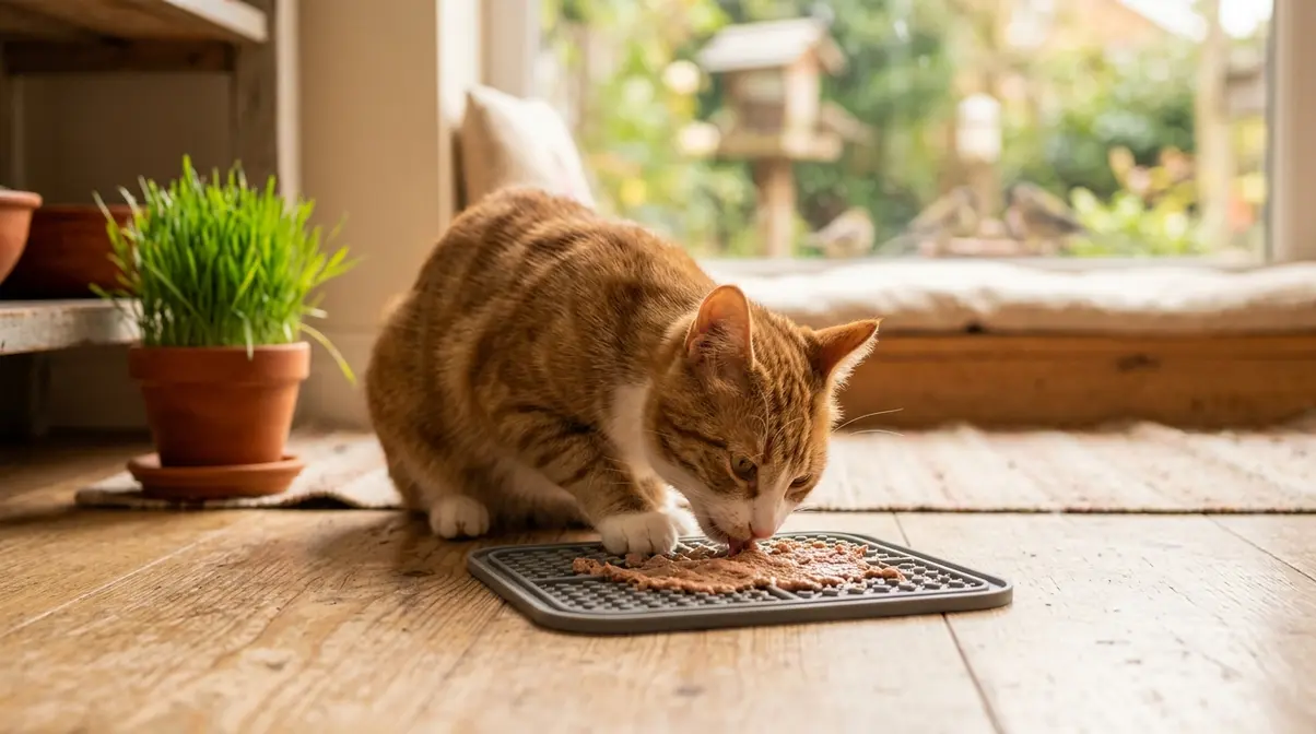 Cat engaged in mental enrichment using lick mat with cat grass and window perch in background