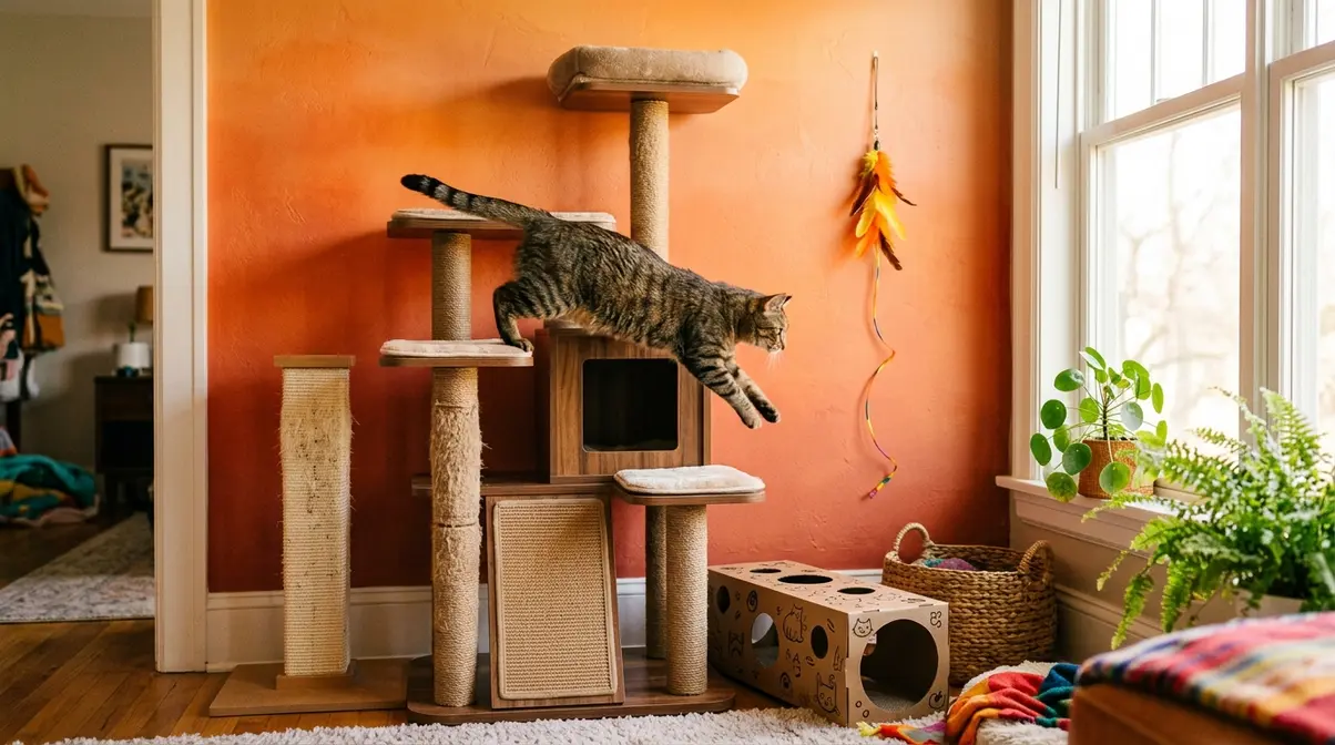 Active tabby cat leaping on cat tree in enriched indoor environment with toys and scratching post