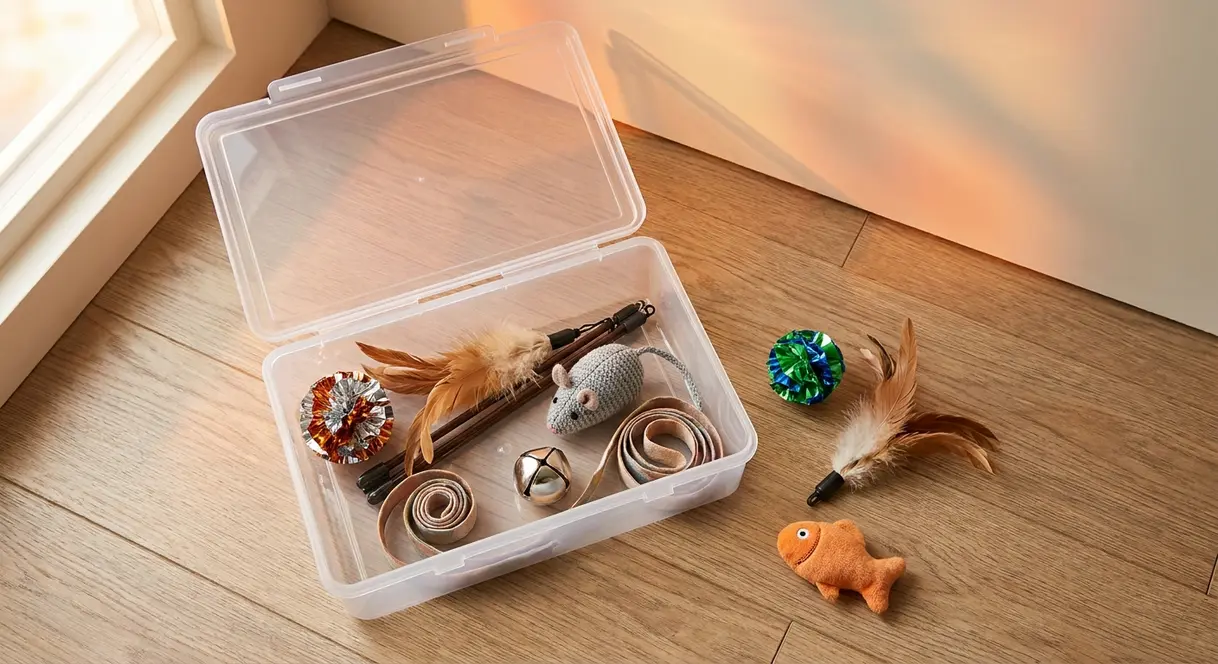 Storage container with grouped cat toys organized for rotation to keep indoor cats enriched
