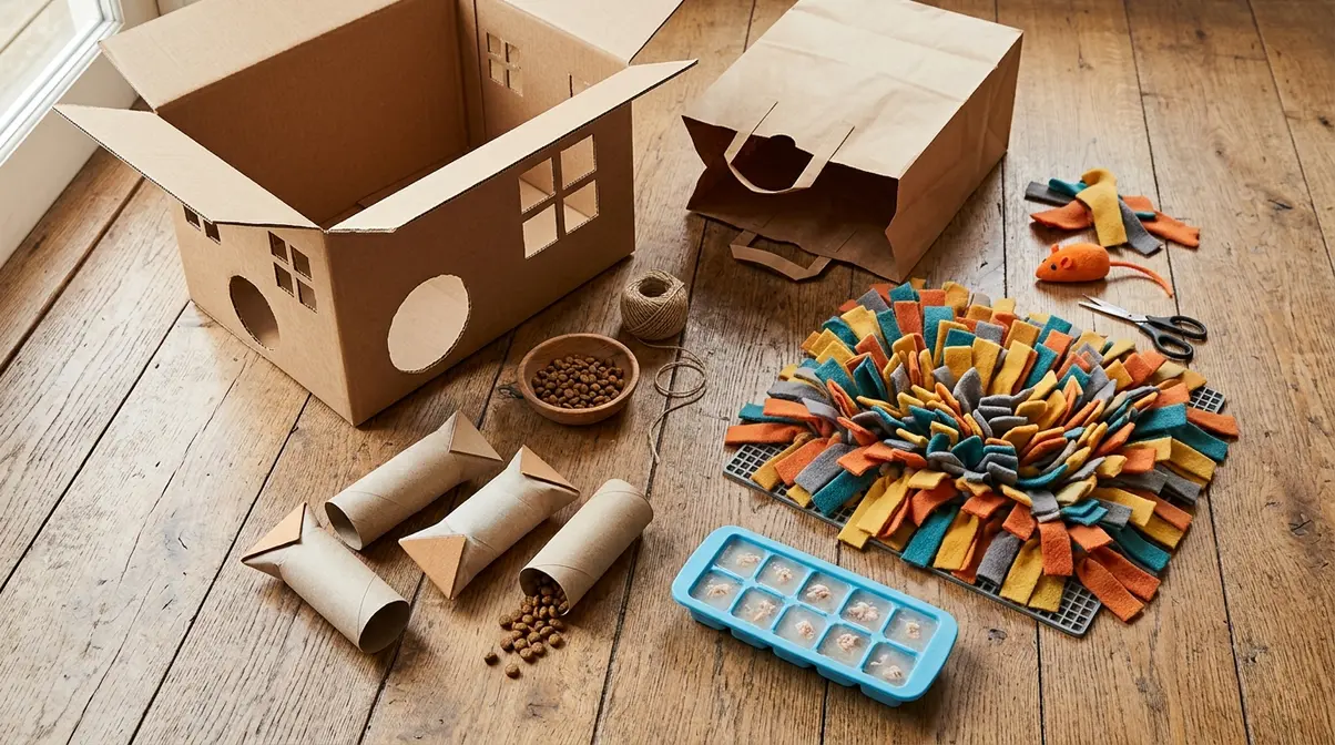DIY cat enrichment projects including cardboard fort, toilet roll feeders, snuffle mat, and frozen treats