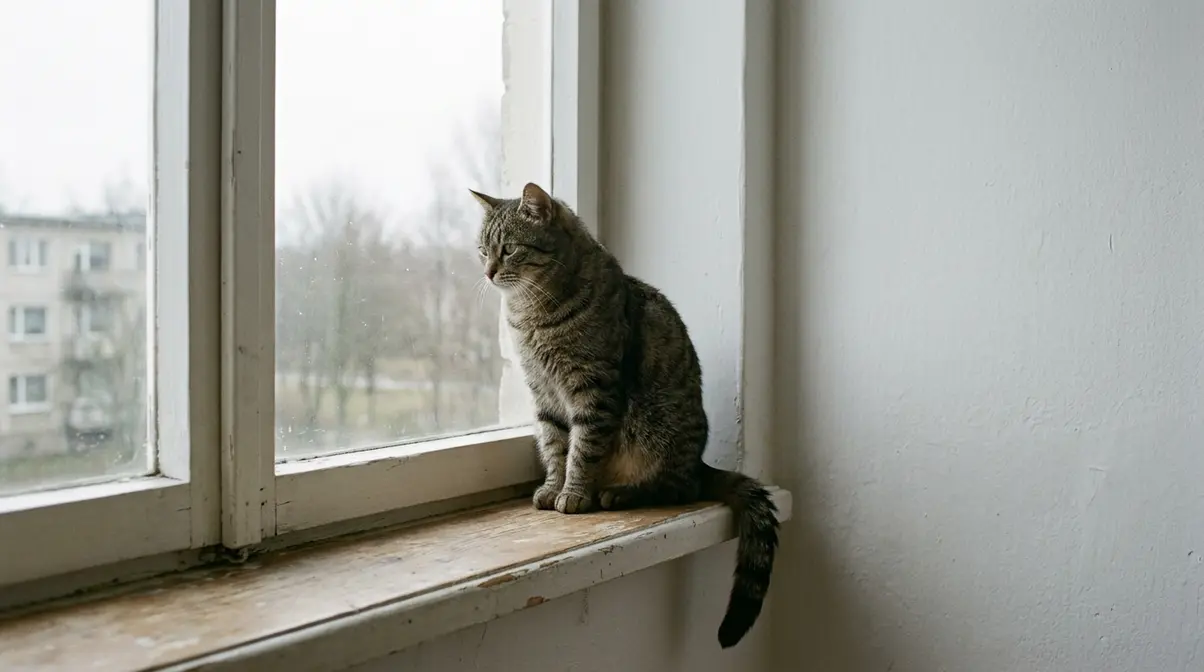 Bored indoor cat sitting alone on bare windowsill showing need for enrichment and stimulation