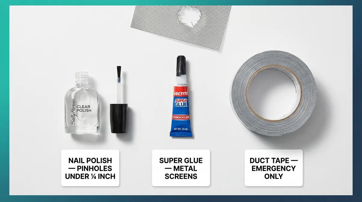 Household items for emergency screen repair including clear nail polish, super glue, and duct tape