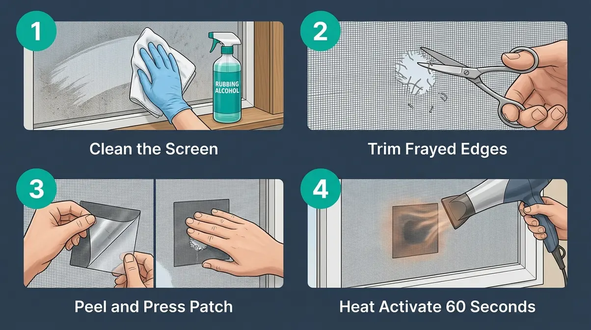 Step-by-step insect screen repair patch application showing cleaning, trimming, pressing, and heat activation
