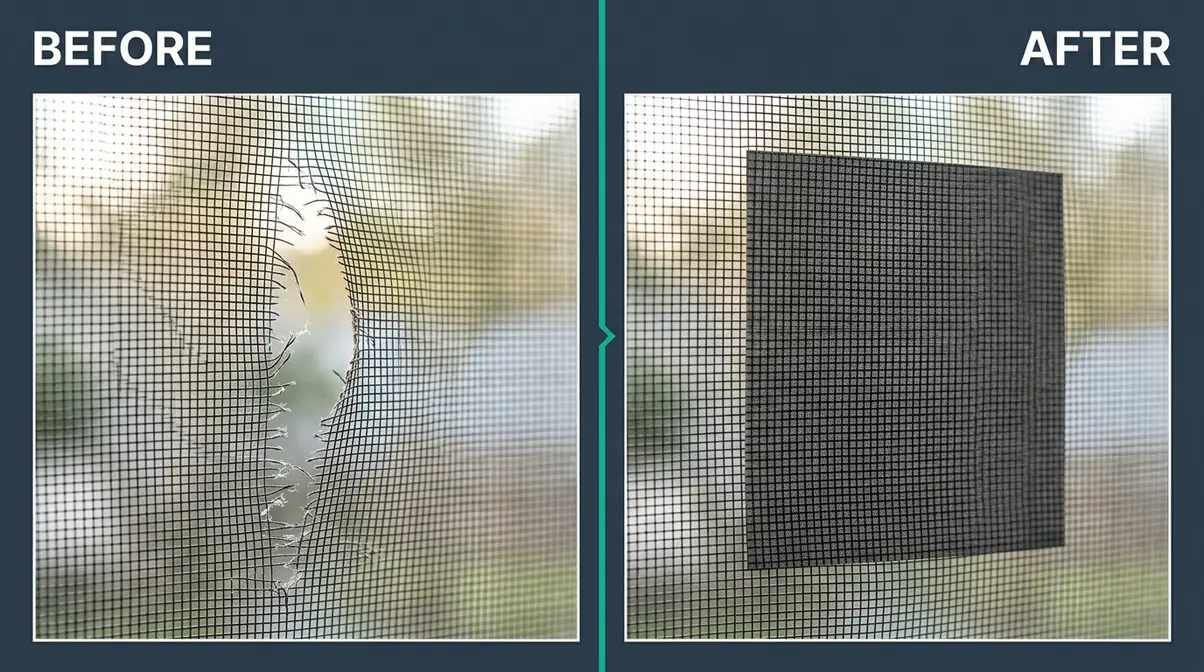 Before and after comparison of torn window screen repaired with self-adhesive insect screen repair patch