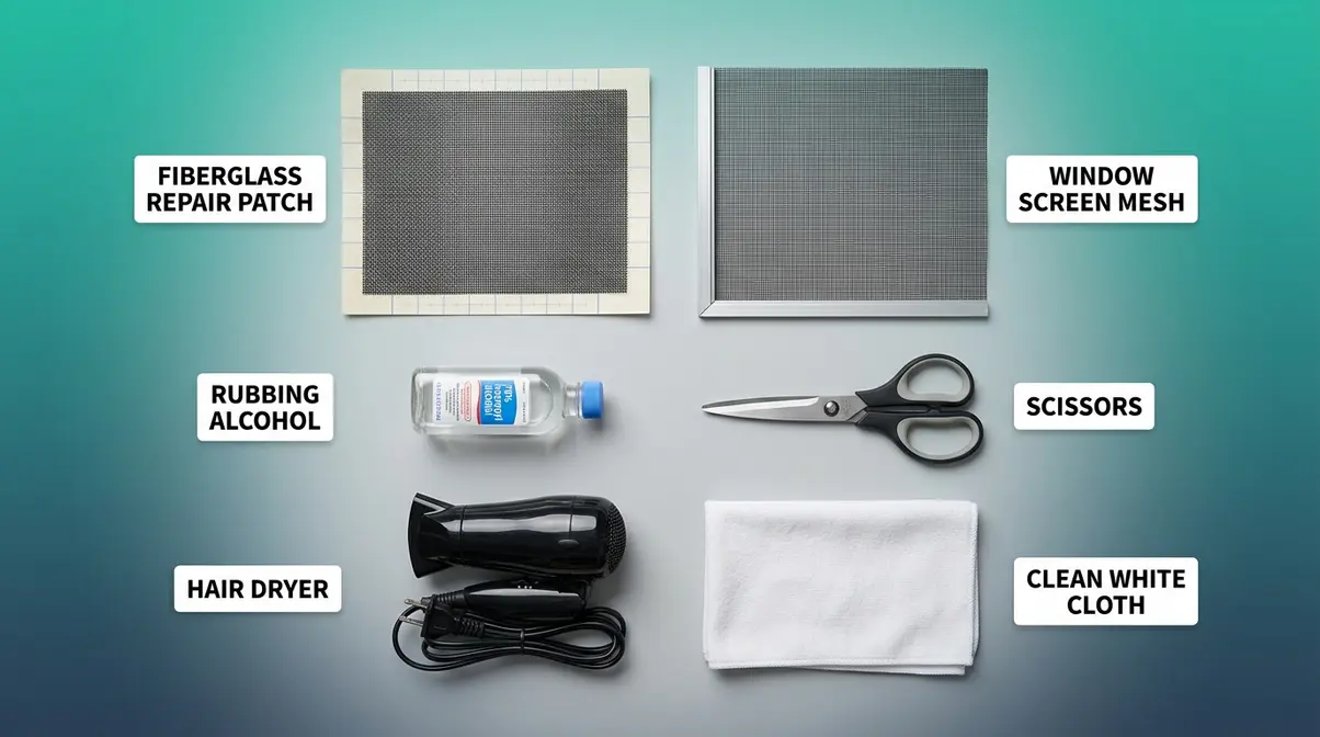 Tools and materials for insect screen repair patch application including patch, hair dryer, scissors, and rubbing alcohol