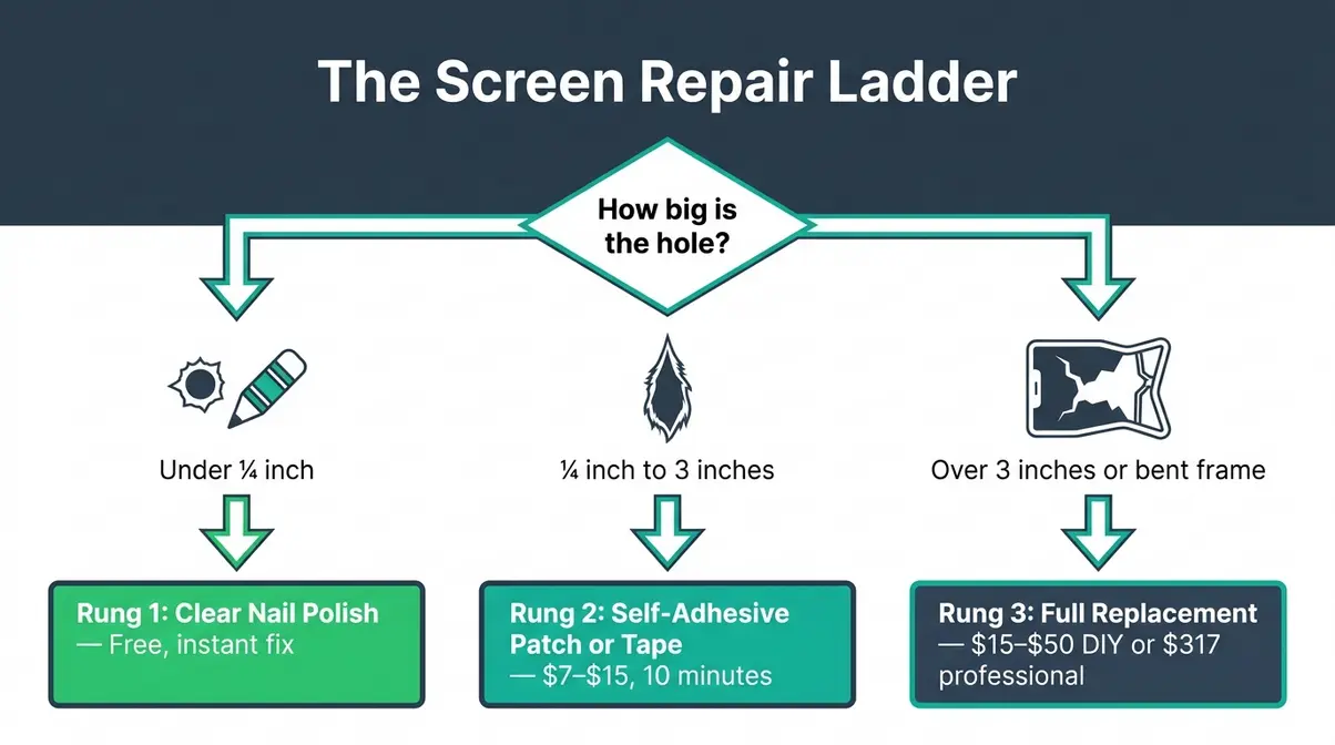 Insect screen repair damage size decision tree showing three repair rungs by hole size