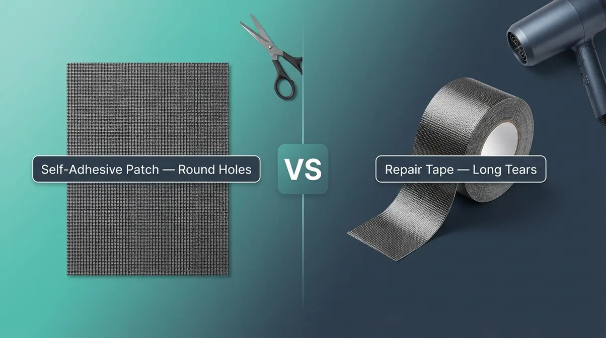 Self-adhesive fiberglass screen repair patch compared to repair tape roll for torn window screens
