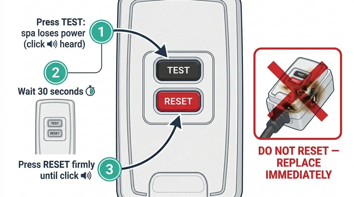 Diagram showing GFCI plug test and reset button sequence for Intex hot tub electrical fault diagnosis