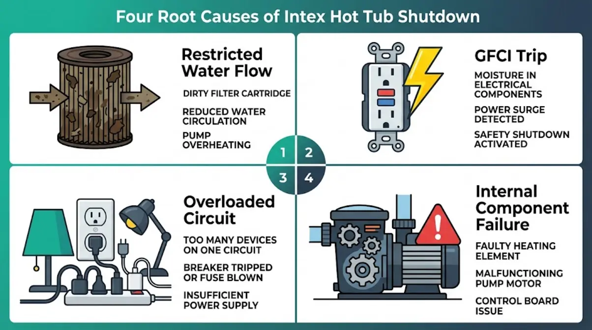 Four common causes of Intex hot tub shutting off including clogged filter, GFCI trip, overloaded circuit, and component failure