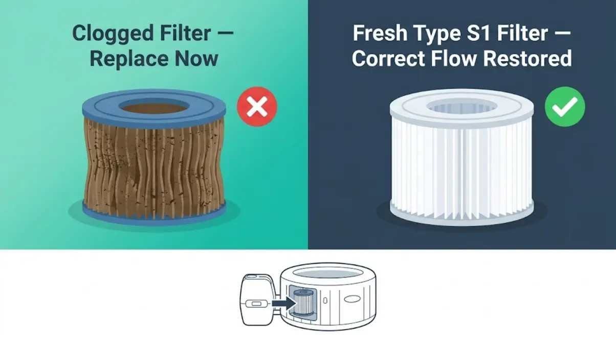 Intex PureSpa clogged filter cartridge comparison showing saturated filter versus clean replacement for E90 fix