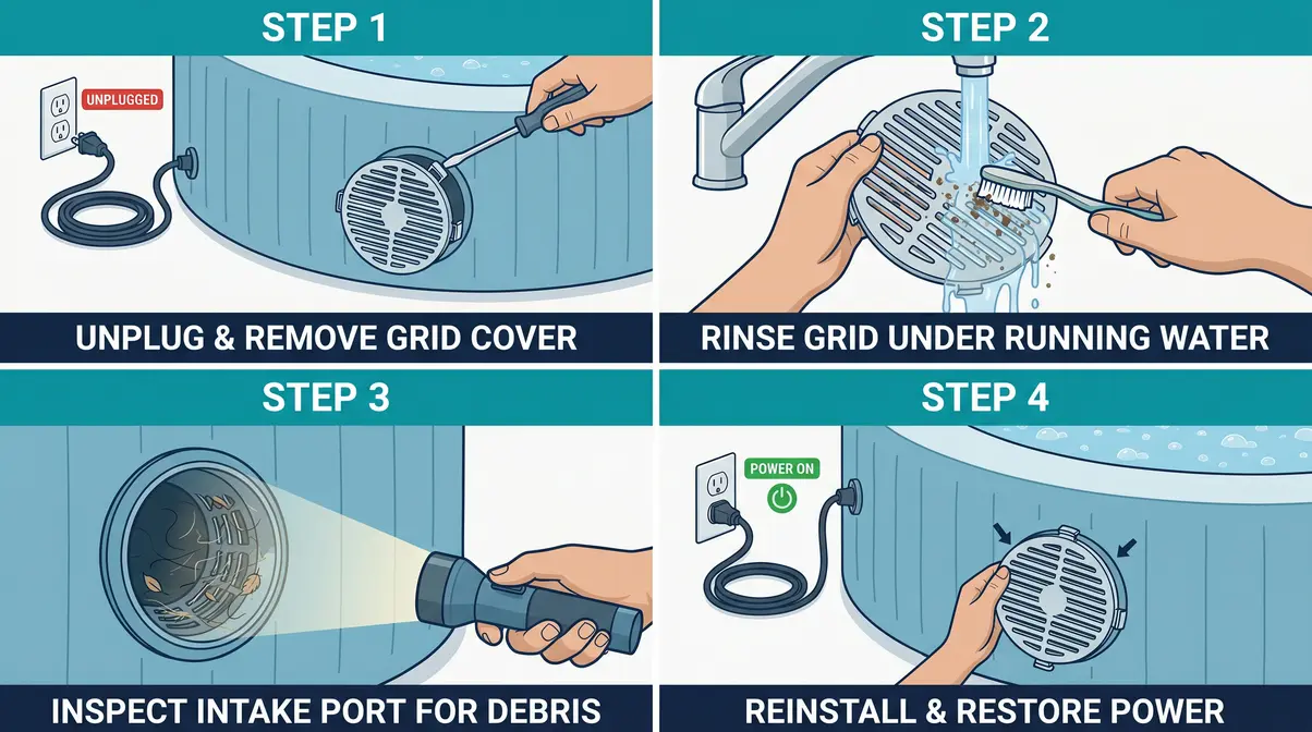 Step-by-step intake grid cleaning on Intex PureSpa pump unit showing debris removal process
