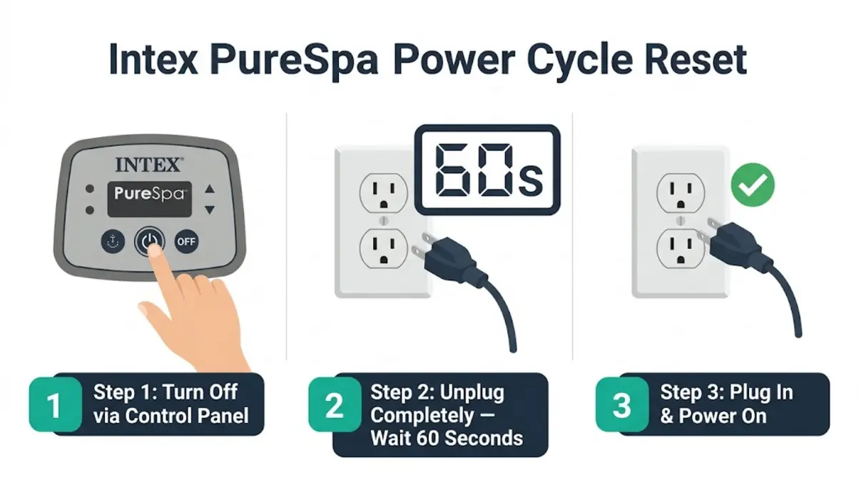 Intex PureSpa power cycle reset steps showing unplug, wait 60 seconds, and restore power sequence