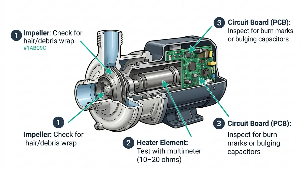 Labeled anatomy diagram of Intex PureSpa pump unit showing impeller, heater element, and circuit board locations