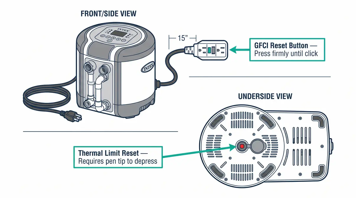 Diagram showing GFCI reset button and high-limit reset button locations on Intex PureSpa pump unit