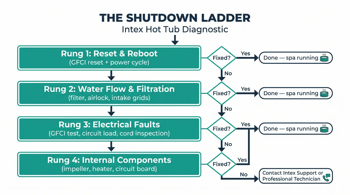 Intex hot tub keeps shutting off diagnostic flowchart with Reset, Water Flow, Electrical, and Component rungs