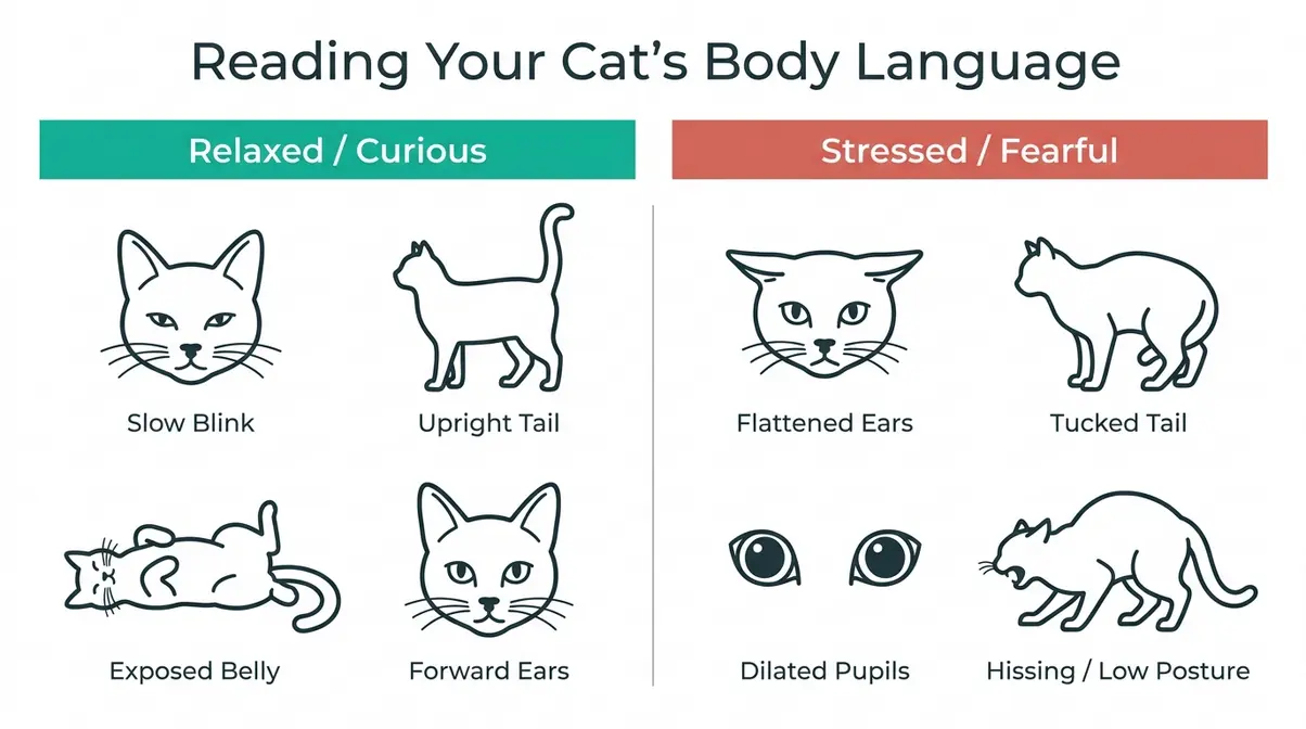 Cat body language chart showing the difference between relaxed and stressed rescue cat signals
