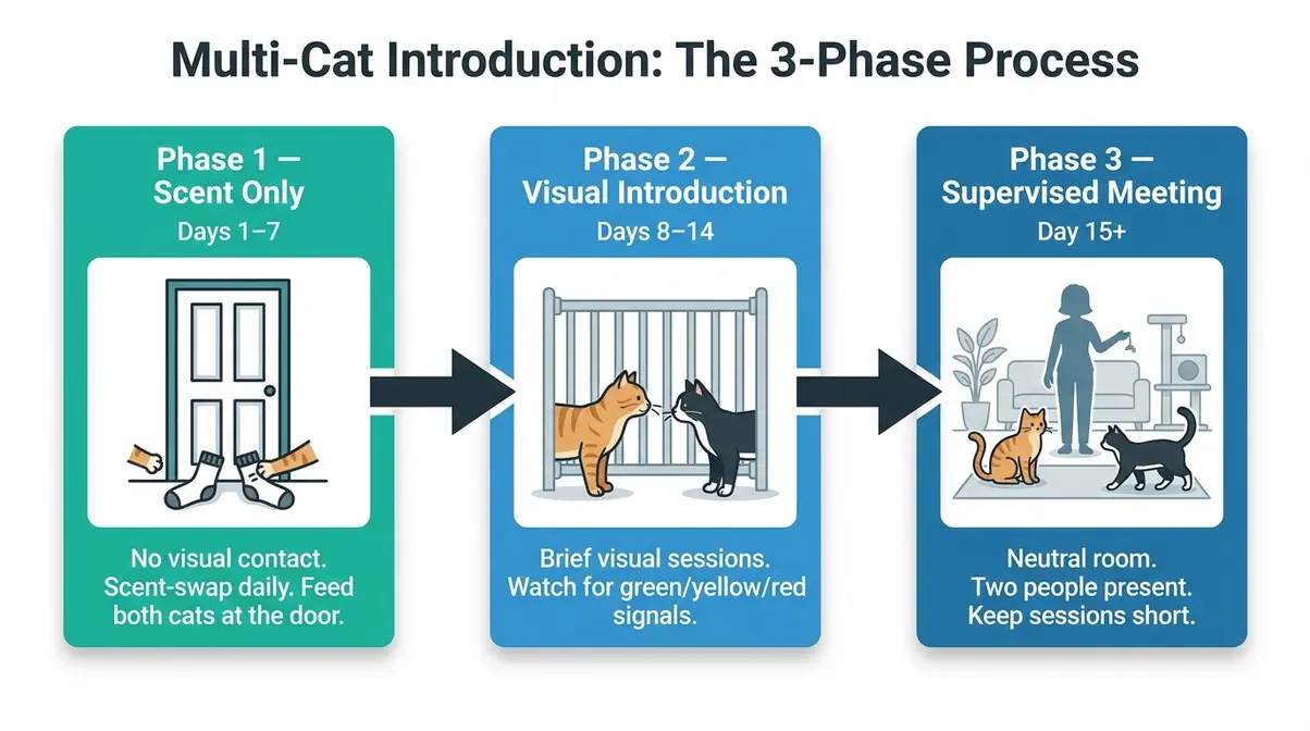 Three-phase cat introduction timeline diagram showing scent, visual, and physical introduction phases