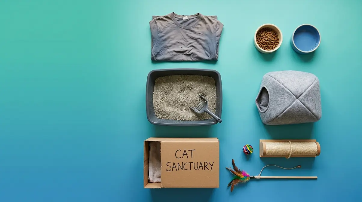 Essential safe room supplies for a rescue cat including litter tray, bowls, hiding box, and toys