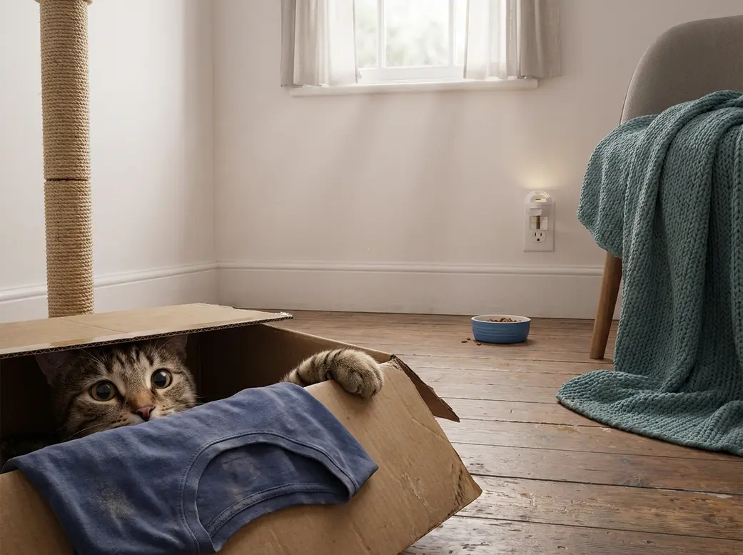 Cosy safe room setup for a rescue cat with hiding box, scratching post, and food bowl