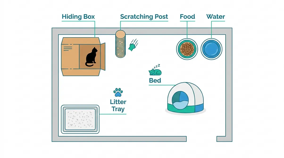 Top-down diagram showing how to set up a safe room for introducing a rescue cat to your home