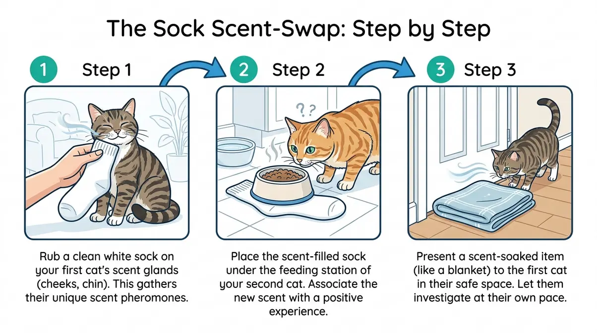 Step-by-step scent swapping technique infographic for introducing a rescue cat to your home