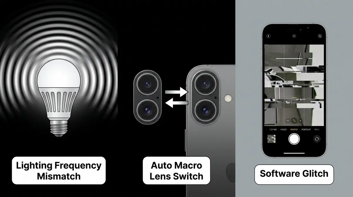 Three causes of iPhone camera flickering shown as lighting mismatch lens switching and software glitch panels