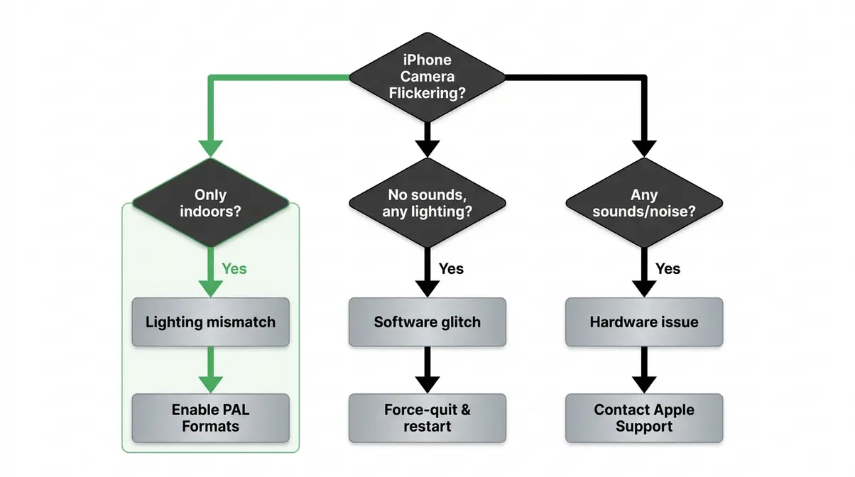 iPhone camera flickering diagnostic flowchart with yes no decision tree for software versus hardware causes