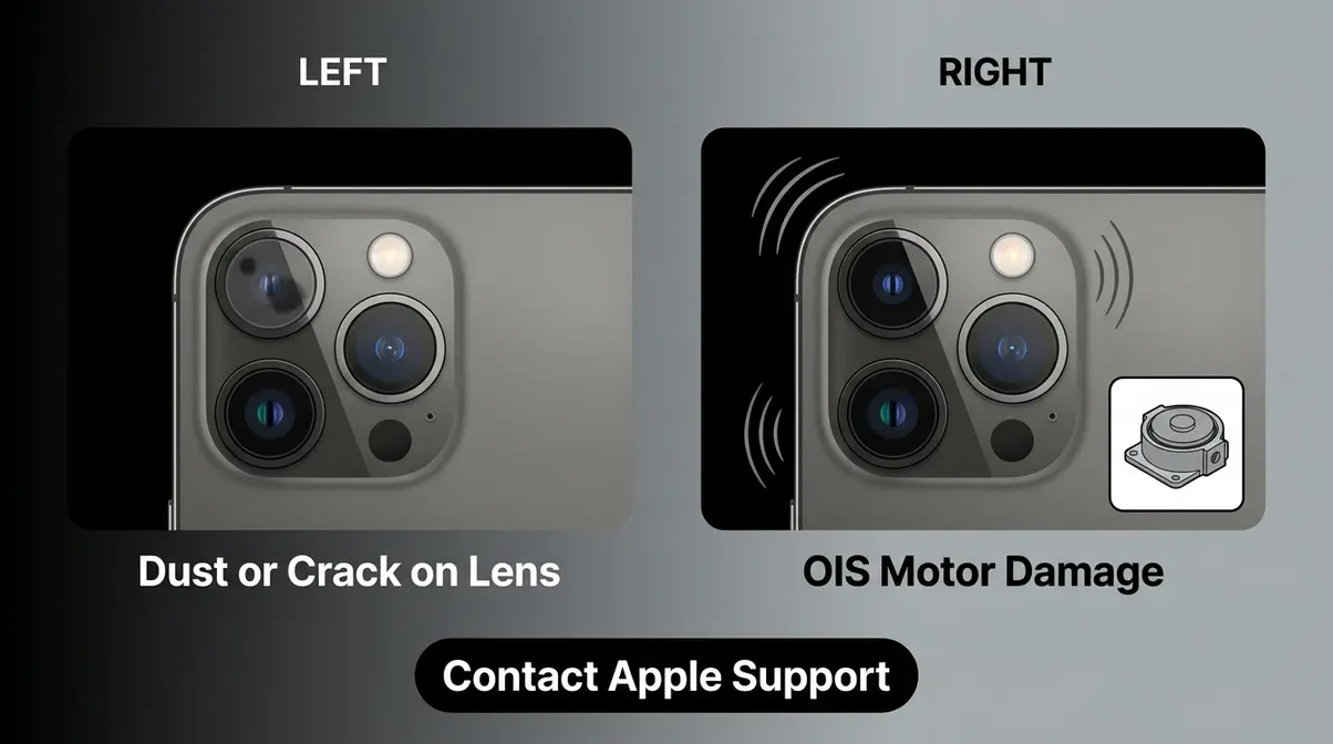 iPhone camera hardware damage diagnosis showing lens smudge and OIS motor damage as flickering causes