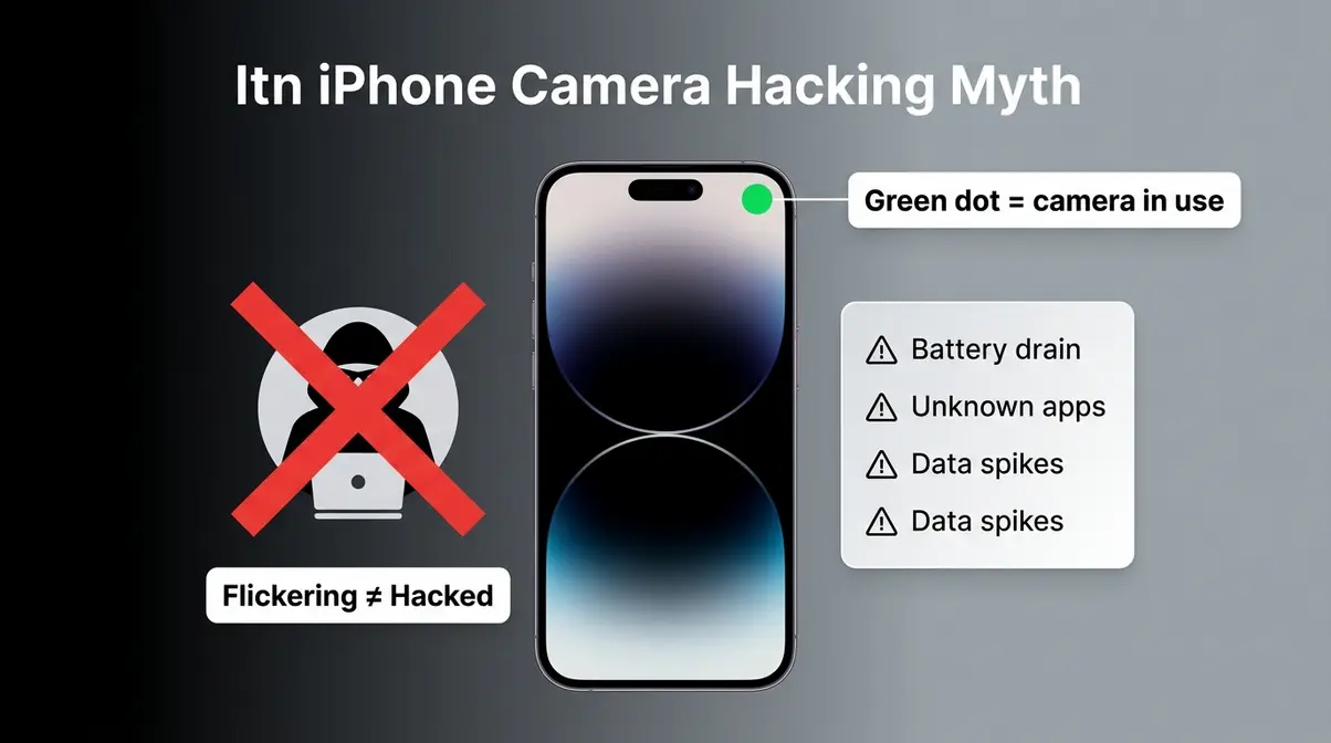 iPhone security illustration showing green camera indicator dot and real signs of hacked iPhone versus flickering