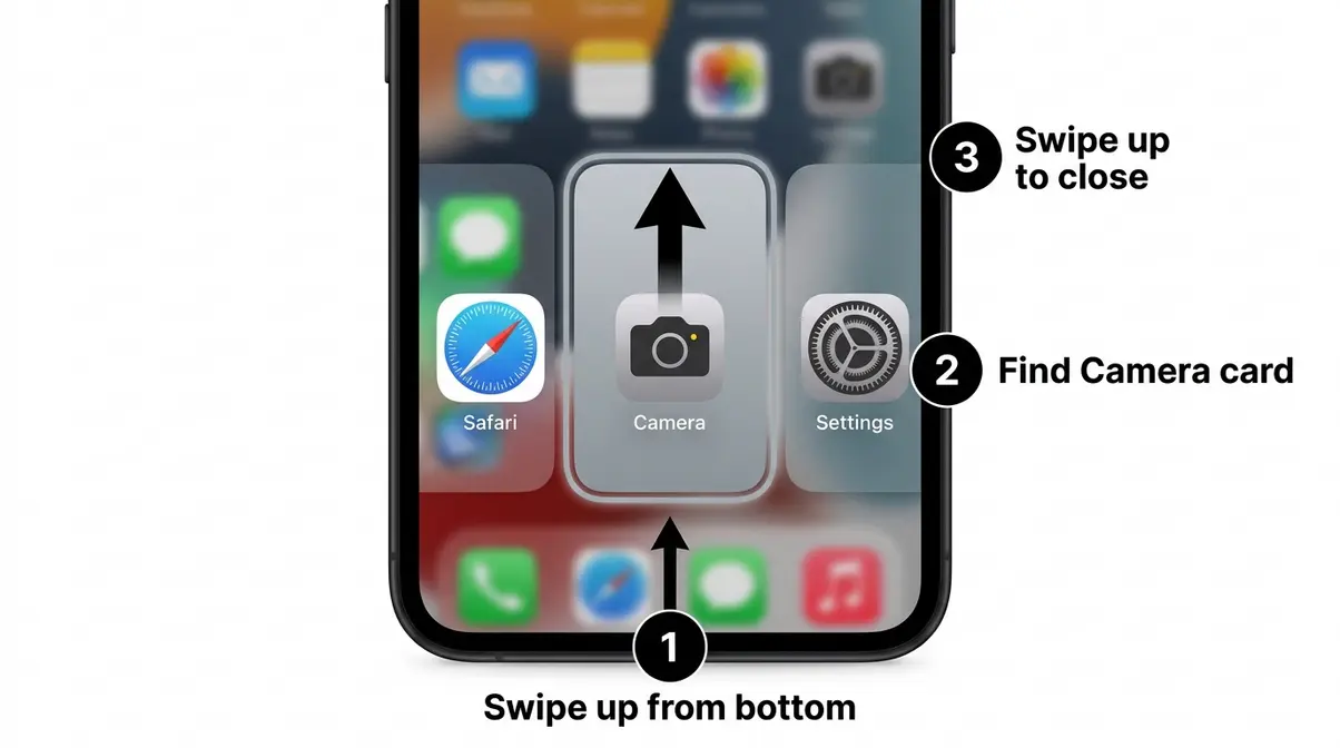 iPhone multitasking screen showing camera app card being swiped up to force quit and fix flickering