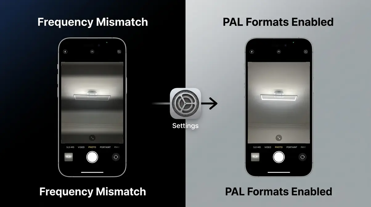 Before and after comparison of iPhone camera flickering from indoor LED lights fixed by enabling PAL formats