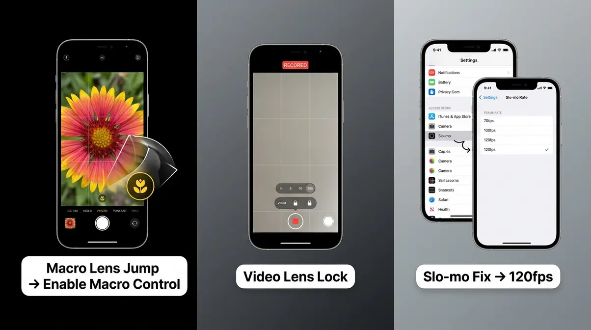 Three iPhone camera mode flickering fixes showing macro control video lock and slow motion frame rate settings