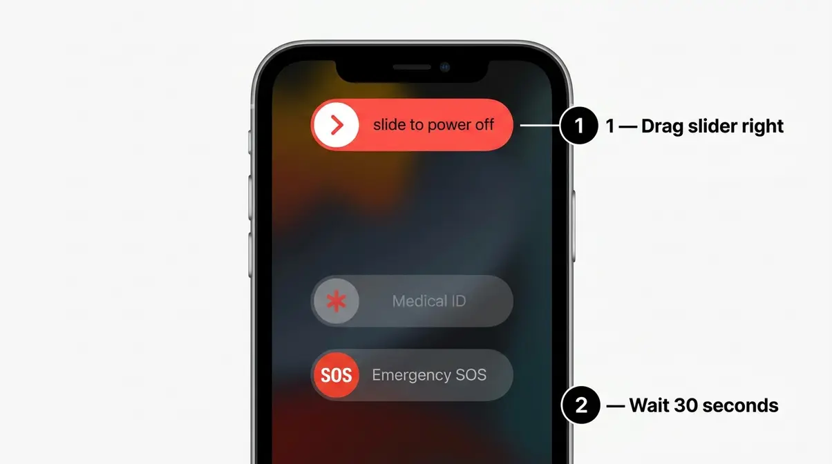 iPhone power off slider screen in iOS showing how to restart device to fix camera flickering