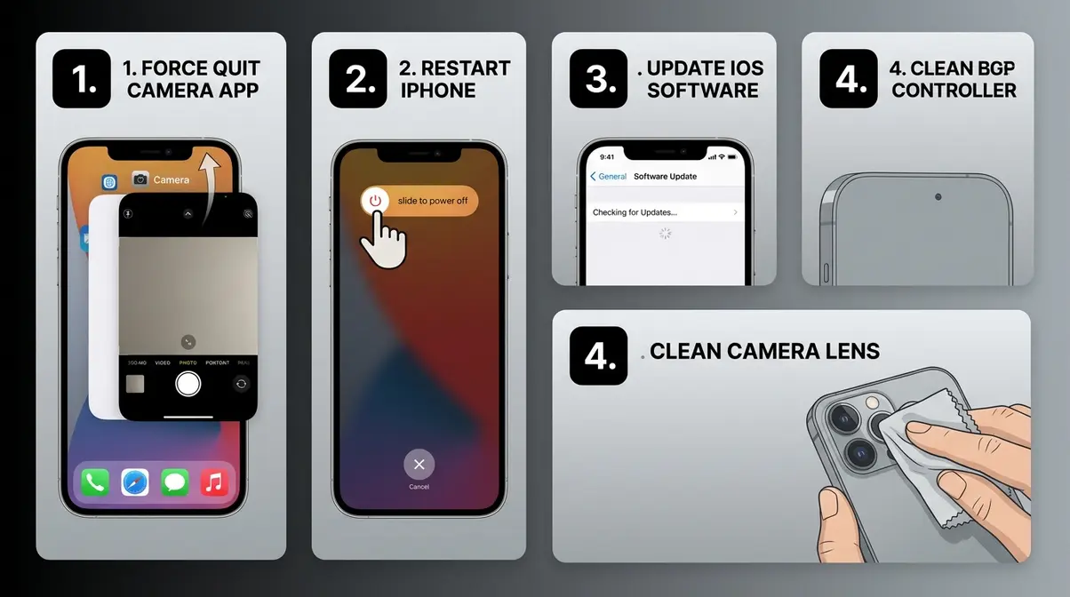 Four step iPhone camera flickering software fix guide showing force quit restart update and lens clean