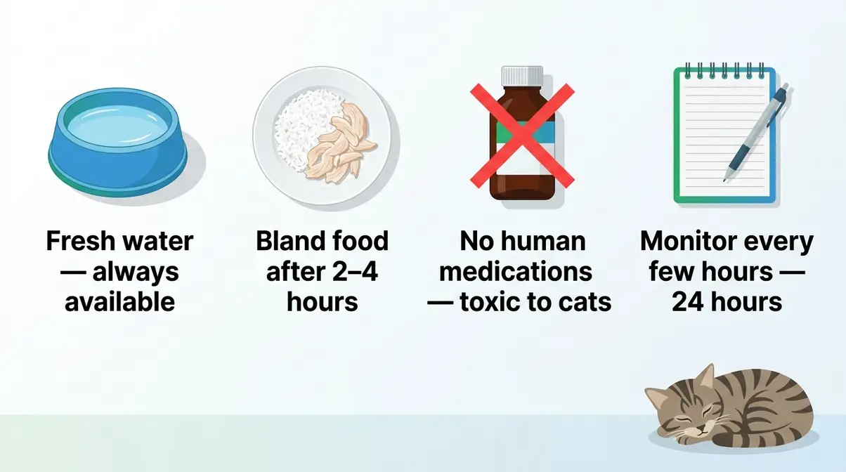 Cat home care steps after alstroemeria ingestion showing water, bland food, and monitoring checklist