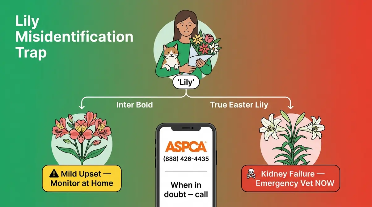 Lily misidentification trap diagram showing alstroemeria mild path versus true lily emergency path for cats