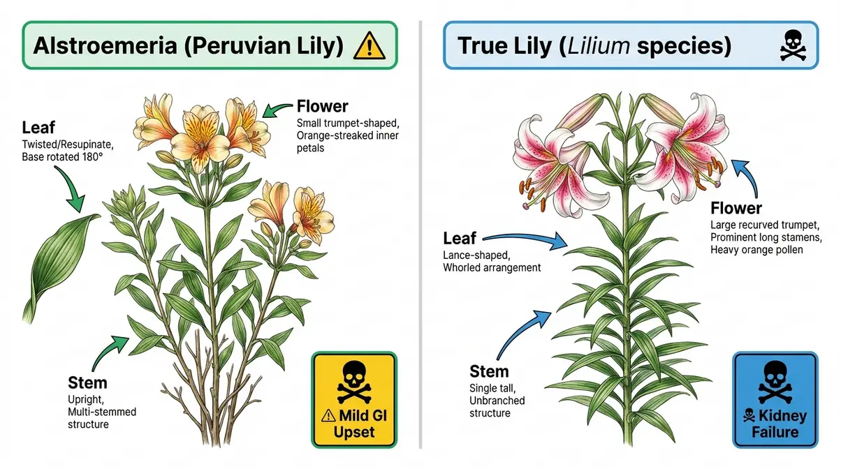 Alstroemeria toxic to cats comparison chart showing Peruvian Lily vs true lily identification