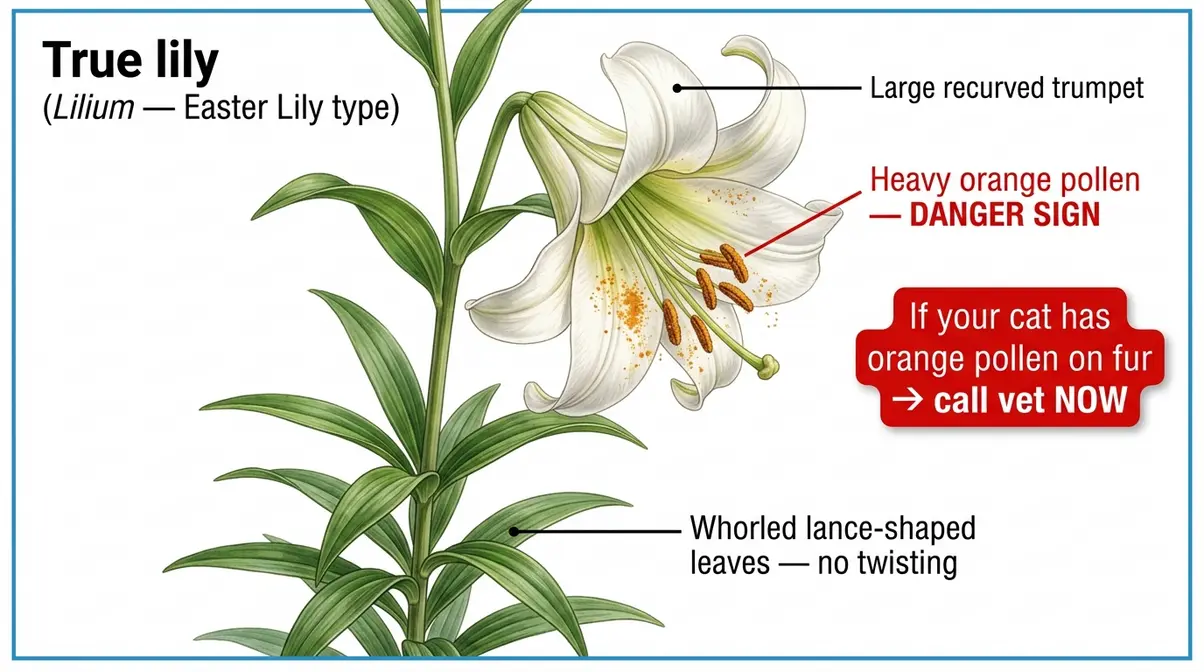 True lily dangerous identification features showing whorled leaves, recurved petals, and orange pollen stamens
