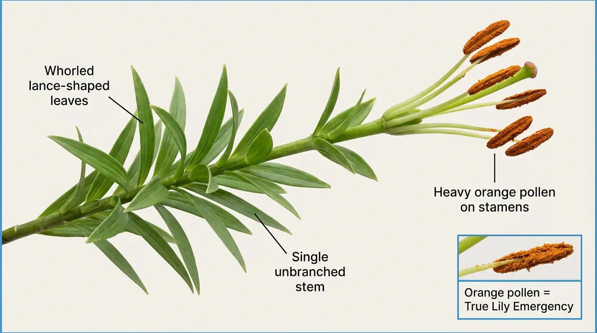 True lily Lilium species leaf and stamen identification for cat owners