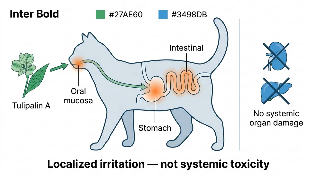 Diagram showing how Tulipalin A in alstroemeria causes localized GI irritation in cats, not organ damage
