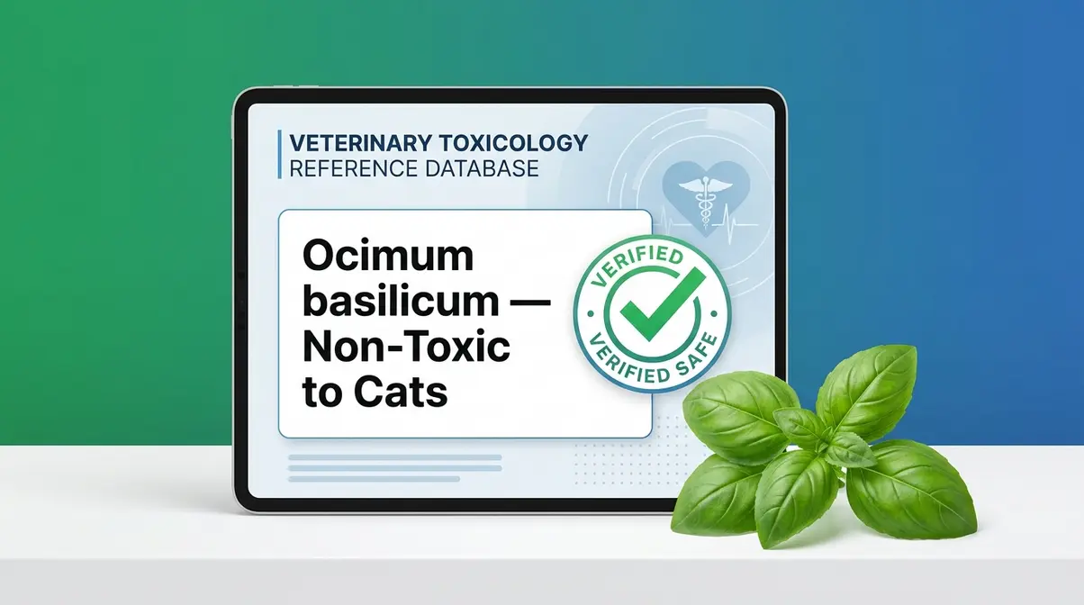 ASPCA classification showing basil as non-toxic to cats with fresh basil sprig and verification badge