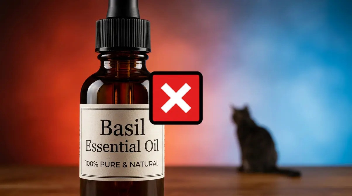 Basil essential oil bottle with danger warning — toxic to cats due to phenolic compounds and liver enzyme deficiency