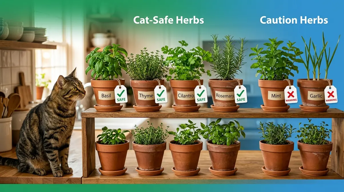 Kitchen herb garden with safe and toxic herbs labeled for cat owners showing basil, mint, garlic, and rosemary