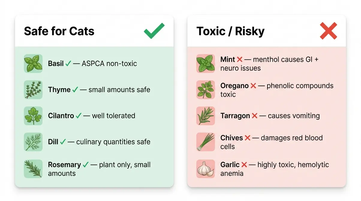 Comparison chart of cat-safe herbs versus toxic herbs including basil, mint, oregano, and garlic