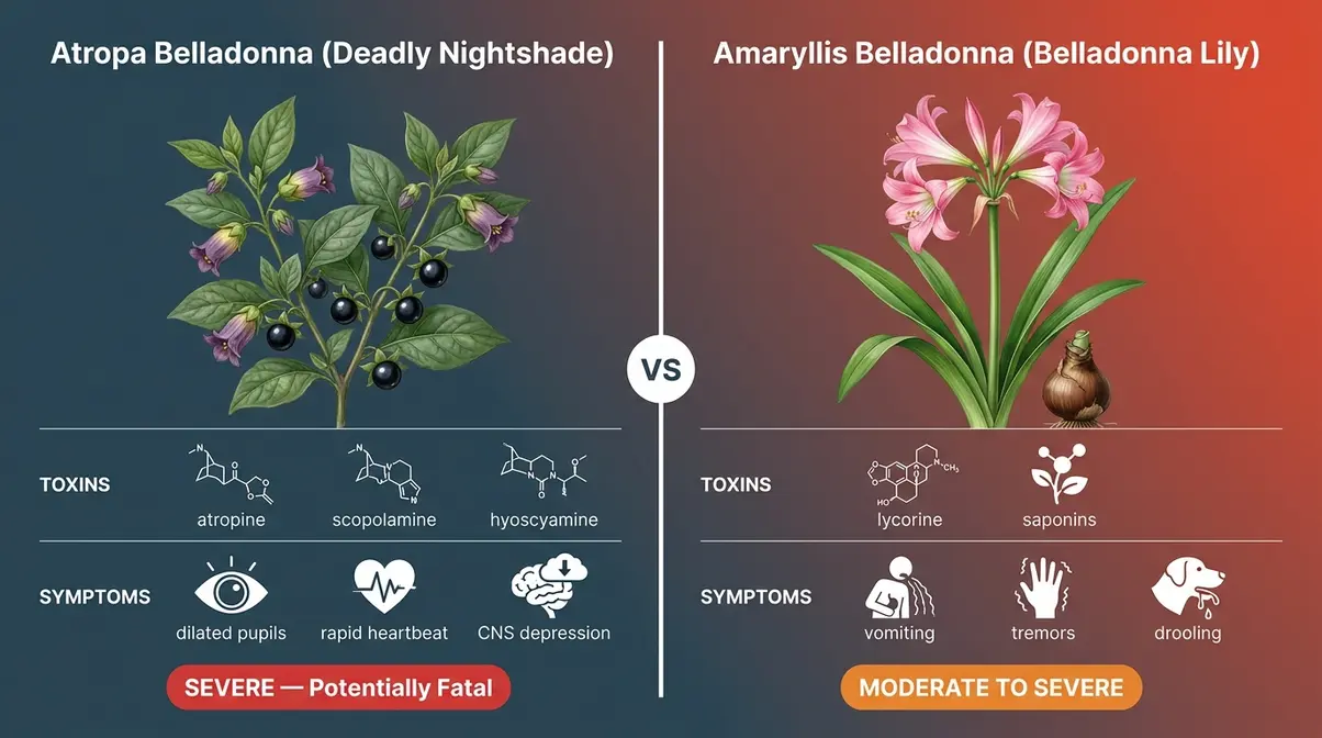 Belladonna toxic to cats comparison chart showing Atropa versus Amaryllis symptoms and severity