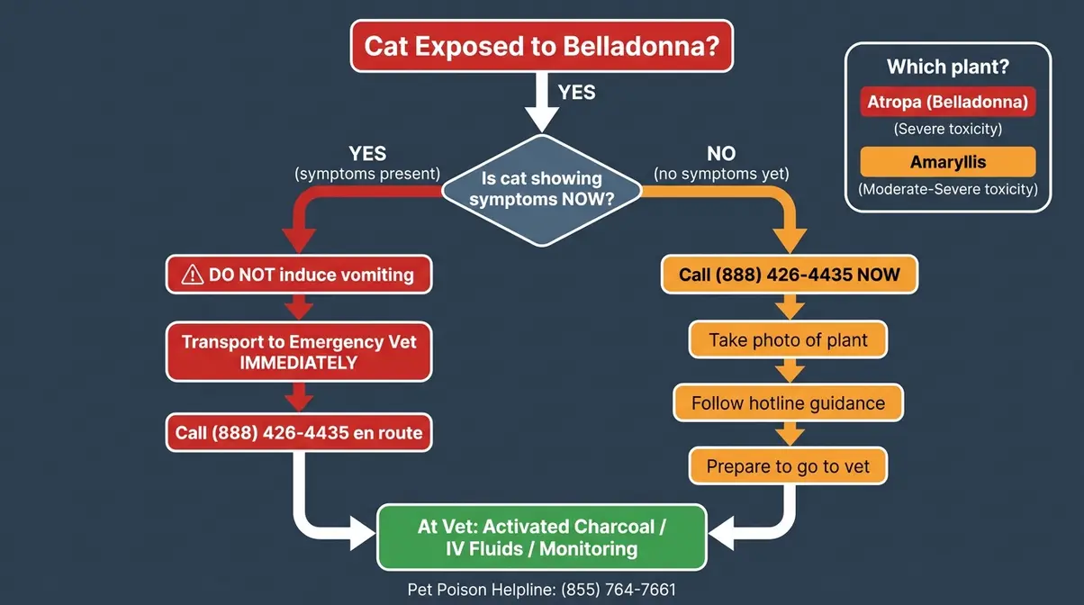Belladonna cat emergency triage flowchart showing decision steps from ingestion to veterinary care